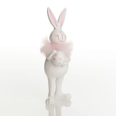 Standing Bunny Holding Egg with Pink Dots and Feathers