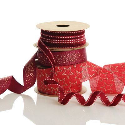 Three Assorted Burgundy and Gold Stars and Dots Christmas Ribbons