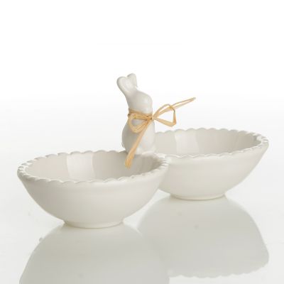 White Ceramic Easter Bunny Rabbit Twin Bowls