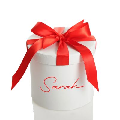 Personalised White Round Gift Box with Red Ribbon Bow