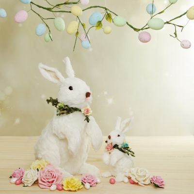 White Straw Bunny with Floral Neck Garland Standing Small