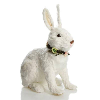 White Straw Bunny with Floral Neck Garland Sitting Large