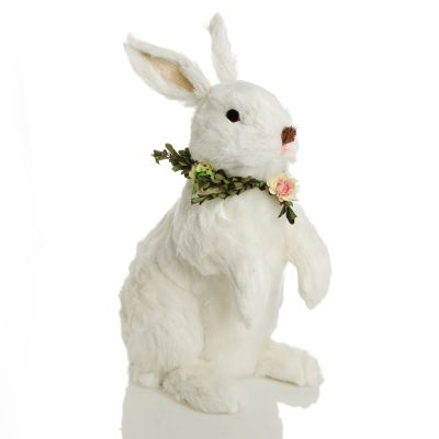 White Straw Bunny with Floral Neck Garland Standing Large