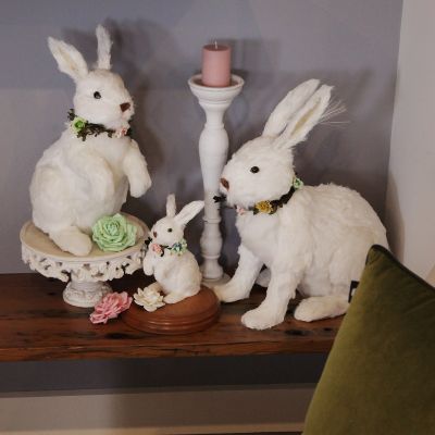 White Straw Bunny with Floral Neck Garland Sitting Large