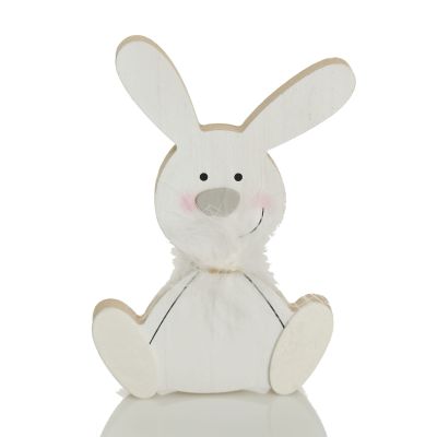 White Wood Bunny Ornament with Feather Boa