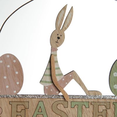 Wooden Easter Hanging Sign with Boy Bunny and Eggs