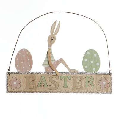 Wooden Easter Hanging Sign with Boy Bunny and Eggs