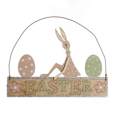 Wooden Easter Hanging Sign with Girl Bunny and Eggs